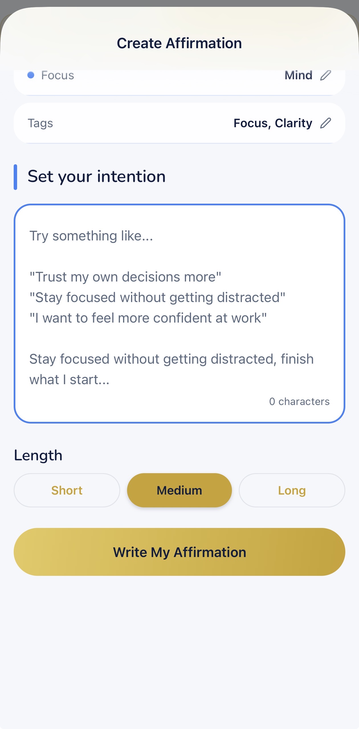 Share your intentions and choose affirmation length