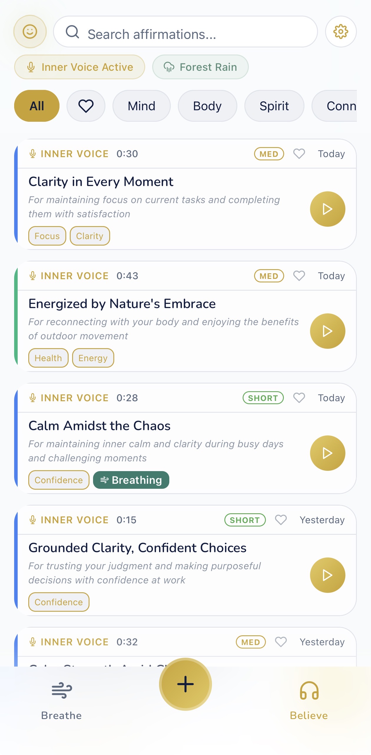 Your personal affirmation library with filters and categories