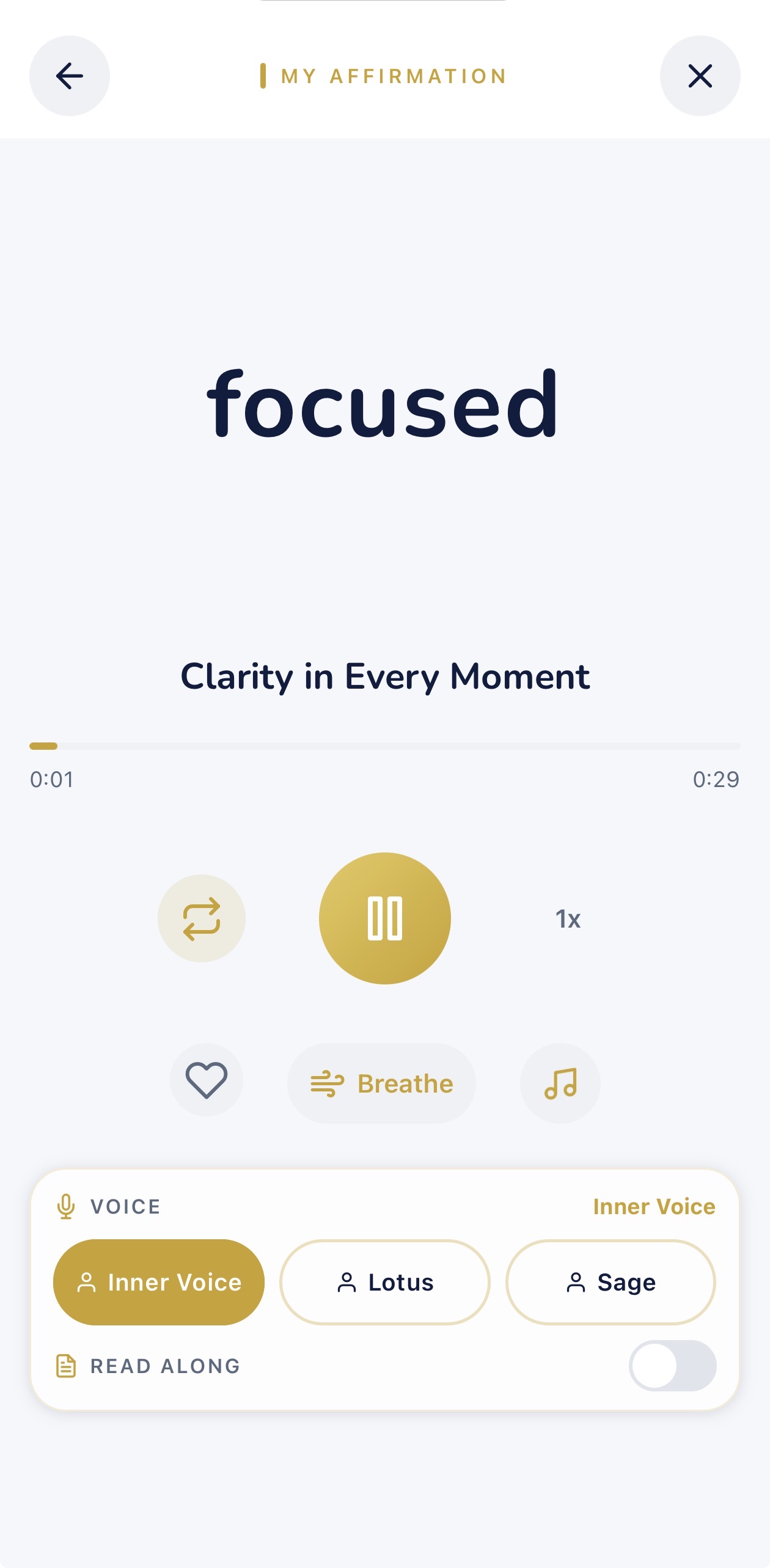 Listen to your affirmation in your own cloned voice with RSVP word display