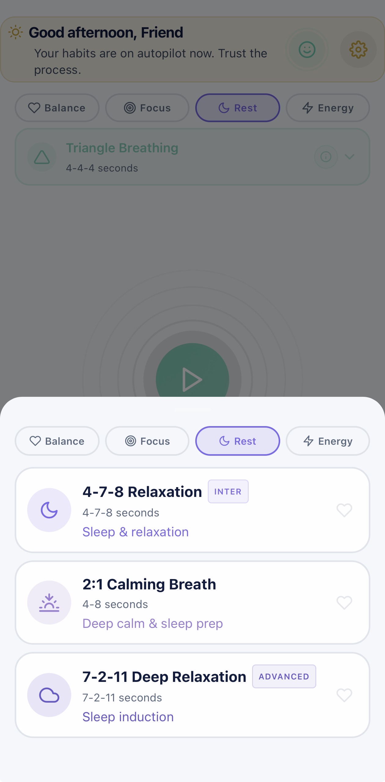 RETUNED breathing technique selection with Box Breathing, 4-7-8 Relaxation, Coherent Breathing, and more
